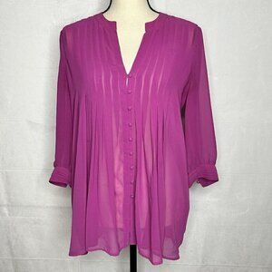 Joie Fuchsia Shear Pleated Blouse Size Small Long-Sleeve Button-Front V-Neck